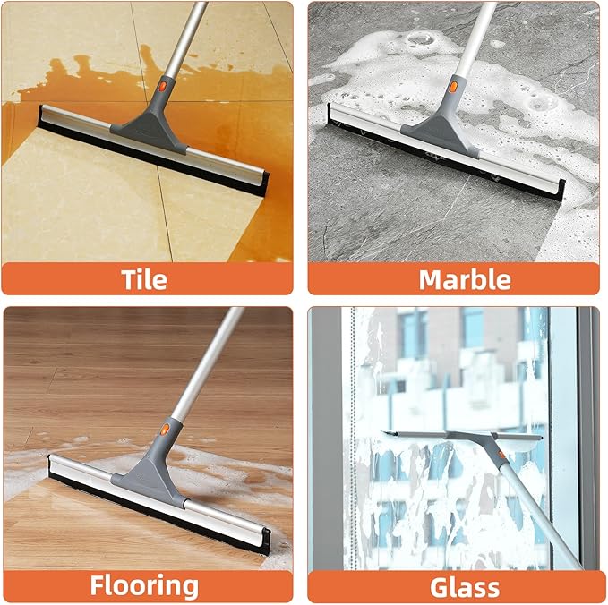 Eazer Floor Squeegee Broom: Heavy Duty Scrubber with Extendable 60'' Aluminum Pole and Rubber Blade for Kitchen Swimming Pool Concrete FloorsShowerTilesGaragesWindowsGlassPet Hair Removal