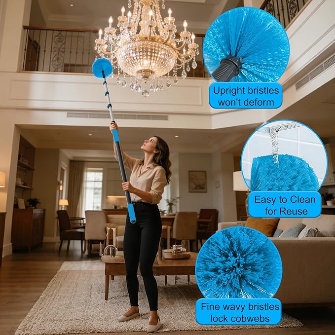 26FT Reach Cobweb Duster with Extension Pole - Spider Web Brush for Cleaning with 5-20FT 4-Section Flip-Lock Telescopic Pole Effortlessly Cleans High Indoor &amp Outdoor Webs