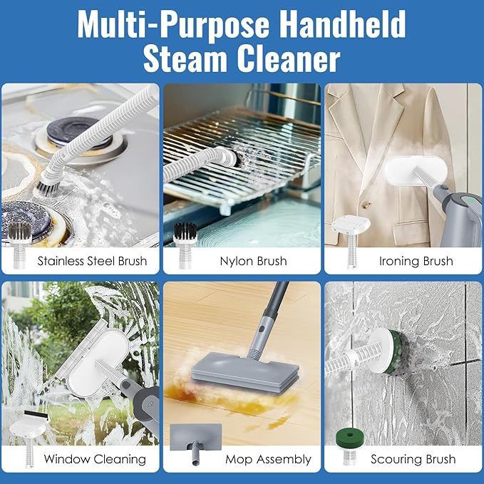 FEPPO 2-in-1 Steam Mop &amp Handheld Cleaner Bundle with 10-in-1 Accessories &amp 4 Washable Pads (Includes 2 Extra Pads) - 1300W Powerful Steamer for Floors Hardwood Tile Grout Windows Kitchen