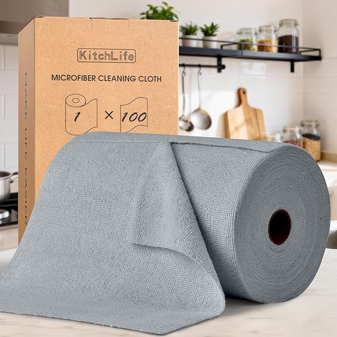 KitchLife Microfiber Cleaning Cloth Roll 100 Pack - Tear-Away Microfiber Paper Towels Lint-Free Reusable Washable for Kitchen Car Dishes and Sensitive Surfaces (Dark Gray)