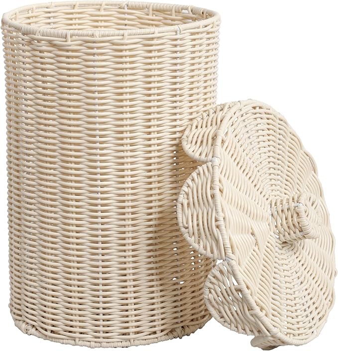 happimess HPM1408W Fern Modern Bohemian Resin 2.9-Gallon Cylinder Wicker Watebasket with Scalloped Lid White