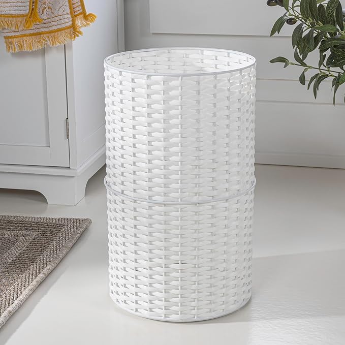 happimess HPM1100D Cecil Modern 4.13-Gallon Faux Wicker Cylinder Waste Basket White for Home Bathroom Living Room Office Bedroom Kitchen