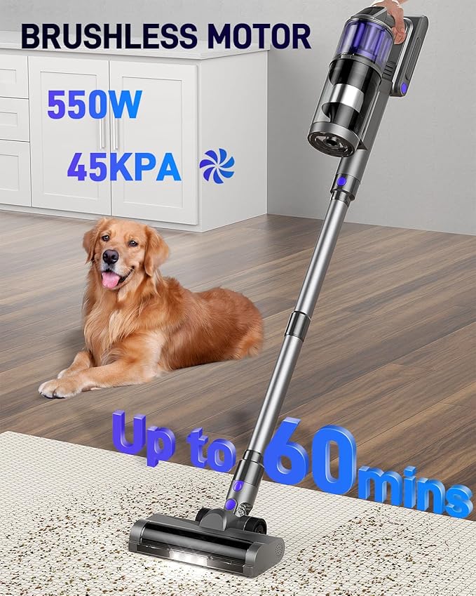 Cordless Vacuum Cleaner Vacuum Cleaners for Home 45KPA 550W Stick Handheld Portable 60 Mins Runtime Rechargeable Battery Pet Hair Hardwood Floor Vac Household Lightweight Hand Vac V10 Purple