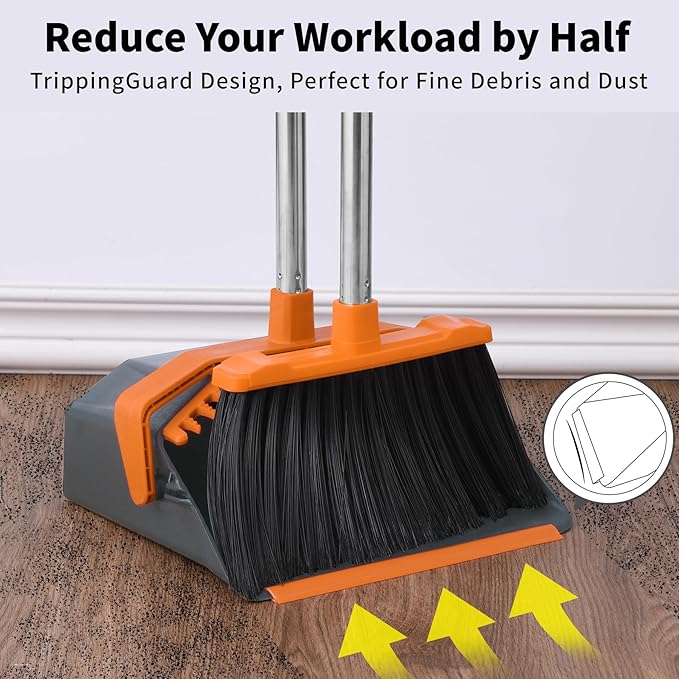 Broom and Dustpan Set with 51'' Long Handle Upright Broom and Dustpan Combo for Home Kitchen Office Restaurant Garage Lobby Dog Cat Pets Hair - Grey and Orange