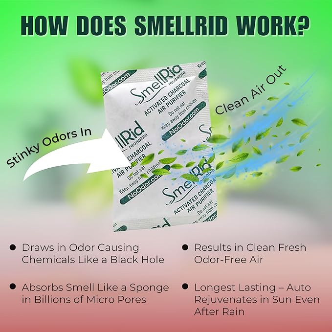 SMELLRID Activated Charcoal Odor Remover That Works [100 Pack] - Mini 5g (2” x 2”) Pack Treats 2 Sq. Ft.- Premium Natural Odor &amp Dampness Absorber Safeguard Stored/Shipped Items