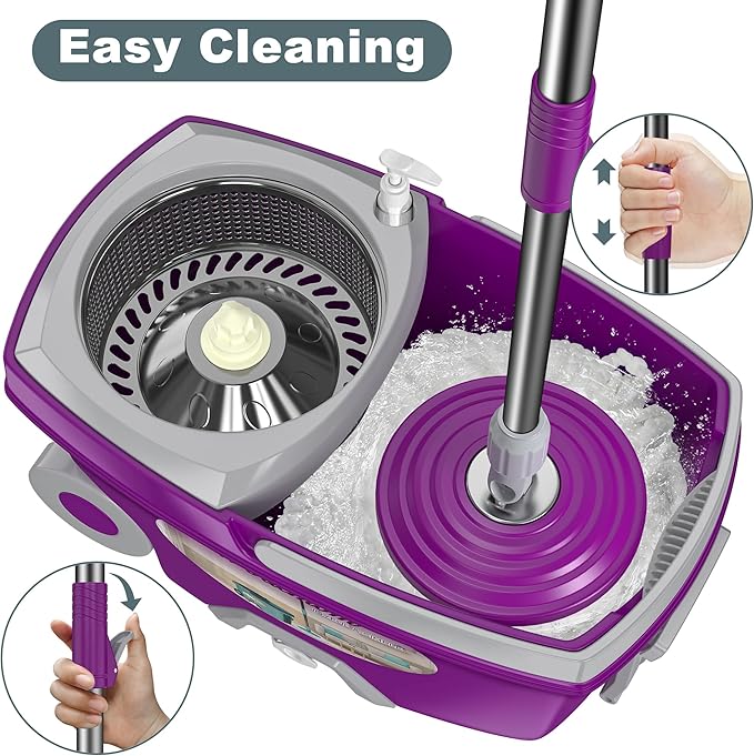 Dual Compartment Spin Mop and Bucket Mop and Bucket with Wringer Set360°Rotating Spinning Mopping for Floor Cleaning with 6 Microfiber Replacement Heads 61 Extended Handle 2X Wheel