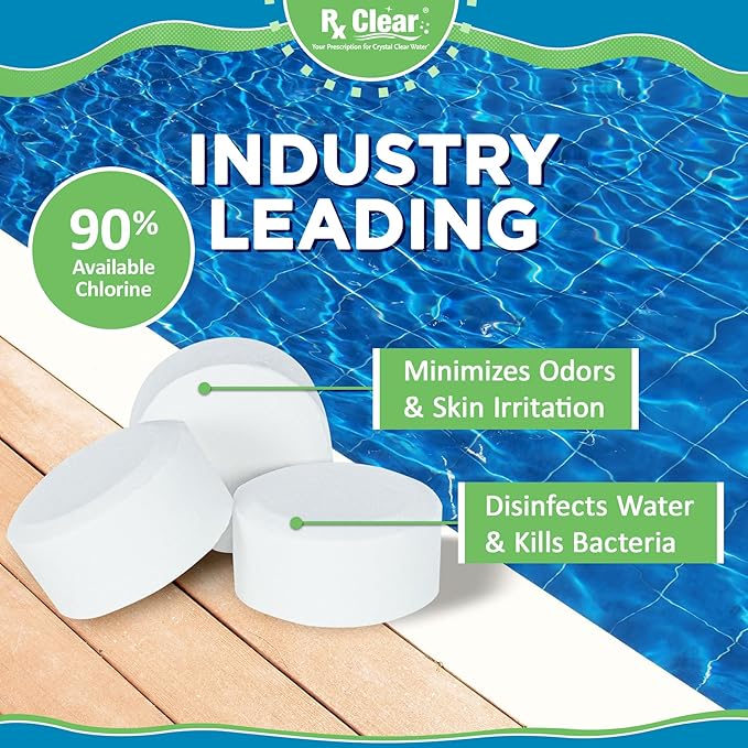 Rx Clear 1 Inch Chlorine Tabs | 10 Pounds | Use Tablets as Bactericide Algaecide &amp Disinfectant in Swimming Pools | Stabilized Long Lasting Slow Dissolving &amp UV Protected