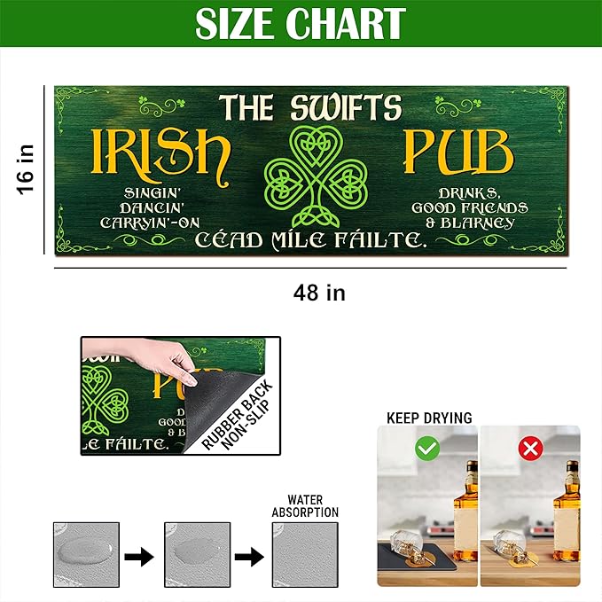 THUYPT Personalized Irish Bar Mat Dish Drying Mat for Irish Pub St Patrick's Day Decor Bar Shamrock Spill Mat Kitchen Counter Accessories Home Bar Decor St Patrick's Day (02)