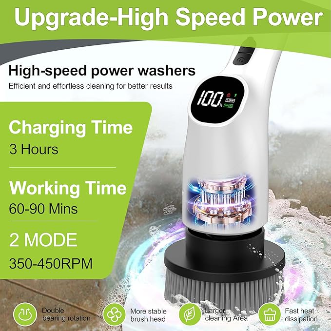 WKY-Electric Spin Scrubber - 10-in-1 Cordless Shower Scrubber &amp Cleaning Brush with Extendable Handle 2 Speeds IPX7 Waterproof Brush Heads LED Display Smart AI Chipfor Bathroom Kitchen White