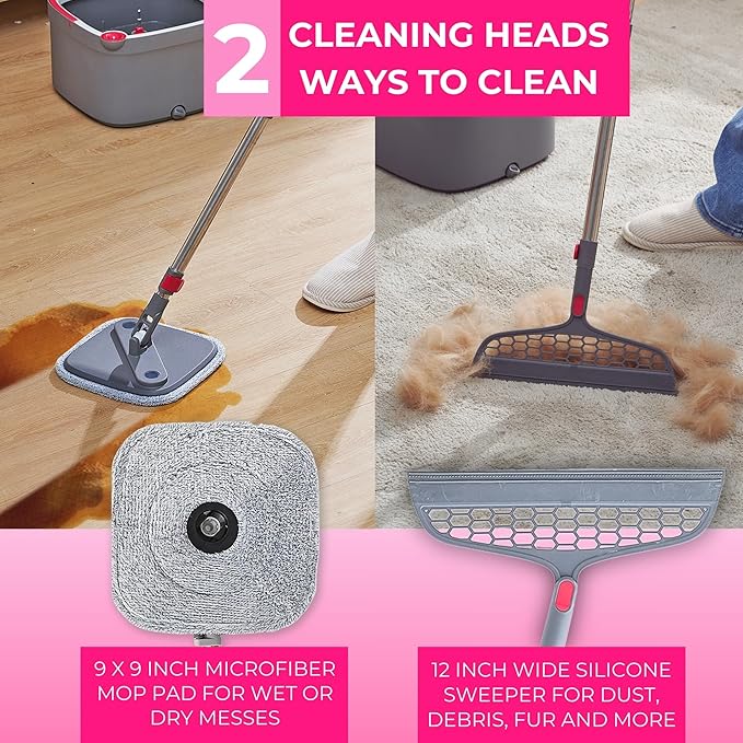 Heavy Duty Square Spin Mop for Floor Cleaning Separate Compartment for Clean and Dirty Water Use Any Cleaning Solution Self Cleaning Machine Washable Pads