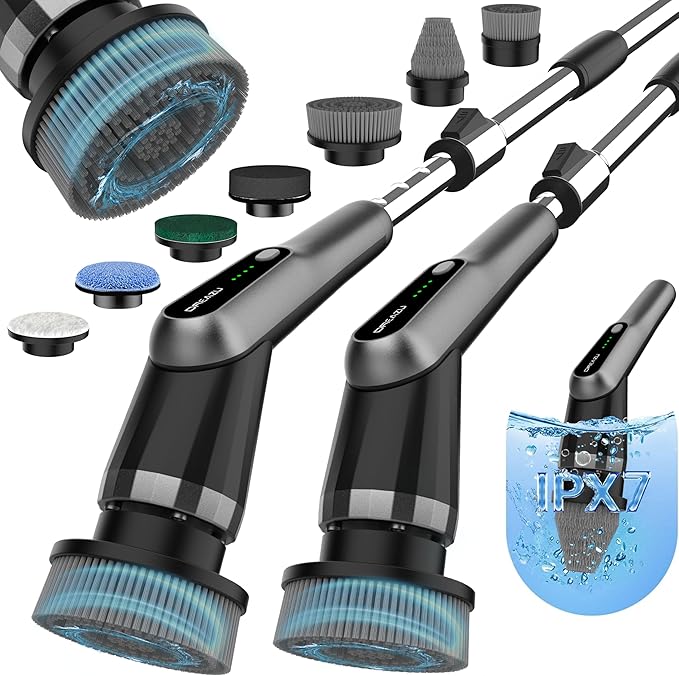 G2-Pro Electric Spin Scrubber - Upgraded 10-in-1 Scrubber Brush Electric Retractable Handle &amp 2-Speed for Bathroom Bathtub Kitchen Tile Floors(Gray Brush Head