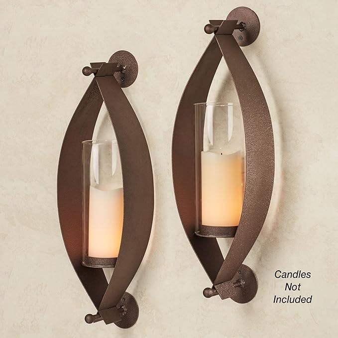 Touch of Class Xander Wall Sconce Pair - Handcrafted Steel - Bronze - Glass Hurricane - Set of 2 - Metal Sconces Holder for Bedroom Bathroom Living Room Kitchen Walls Hallways