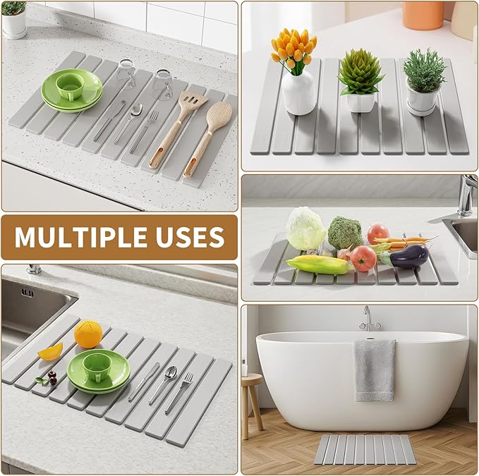 Stone Dish Drying Mats for Kitchen Counter-23.6''x15.3'' Foldable Quick Dry Stone Mat KitchenEco-FriendlyAbsorbent Diatomaceous Earth Mats for Dishes Bottles Cups Bathroom Any Countertop-Light Gray