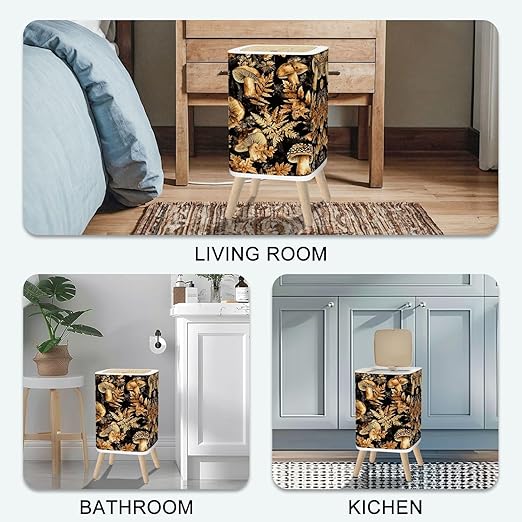 Small Trash Can with Lid Mushroom Seamless Boho Black Brown Mushroom Forest Vintage Mushrooms 2.6 Gallon/10L Garbage Can Waste Bin with Pop-Up Lid Wood Legs Wastebasket for Bathroom Kitchen Bedroom