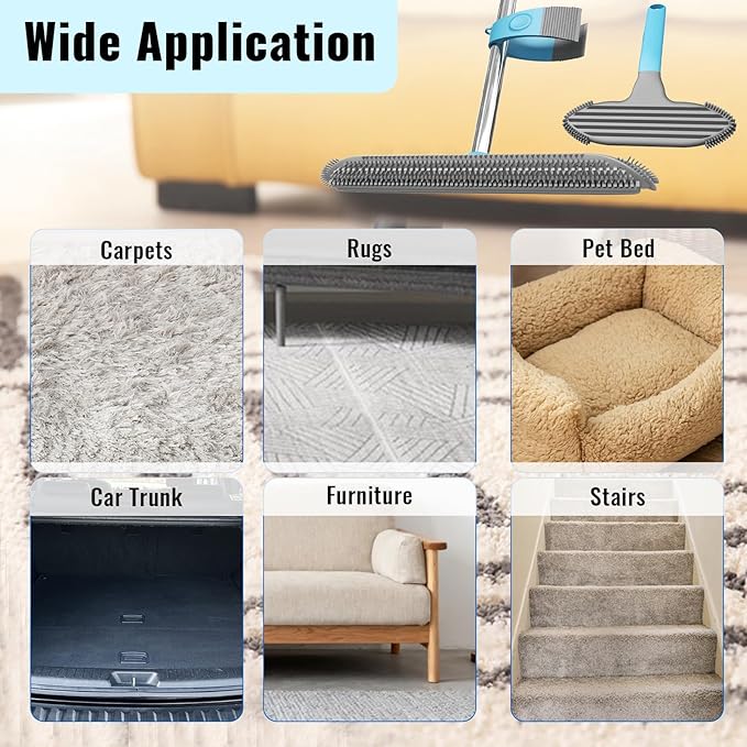 Carpet Rake for Pet Hair Removal Tool 3 in 1 Carpet Scraper with 59 Adjustable Handle Silicone Rug Rake for Dog &amp Cat Hair Pet Hair Remover for Furniture Couch Pet Bed &amp Car Interior