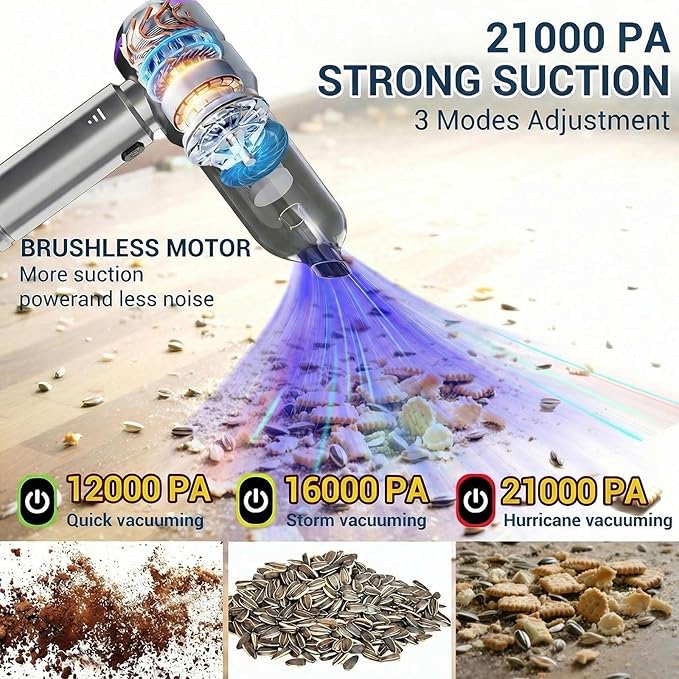 Portable Mini Car Vacuum Cleaner – Powerful Cordless Handheld Vacuum 21000Pa Suction Rechargeable Long Runtime 3 Adjustable Power Levels Lightweight 2-in-1 Suction &amp Blowing Function