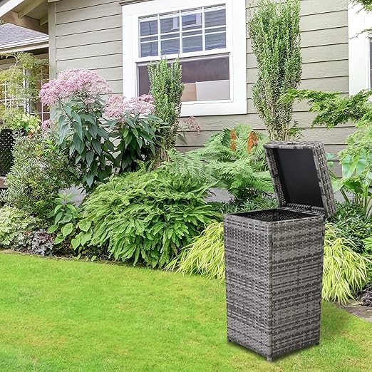 Generic 27 Gallon Rattan Trash Can Wicker Patio Trash Can Tall Rattan Garbage Can Large Waste Basket Waste Container Corner Wastebasket Trash Bin with Lid for Backyard Deck Poolside Kitchen
