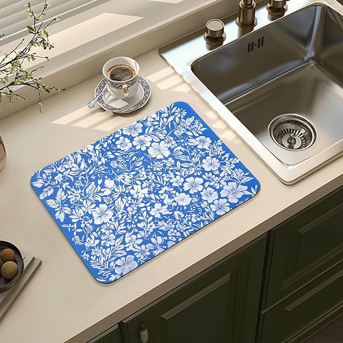 Peonies Violet Blue Dish Mat Absorbent Diatomaceous Earth Mat Dish Mat With Drying Rack Easy to Clean Dish Drainer Mat Kitchen Accessories