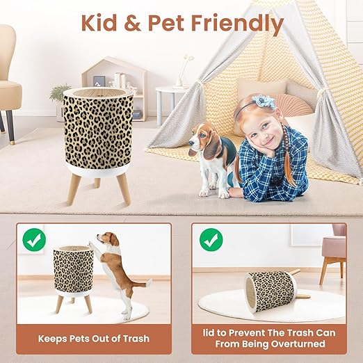 Bathroom Trash Can with Lid Leopard Design Garbage Bin Waste Basket for Kitchen Office Bedroom Decoration Diaper Pail 1.8 Gallon