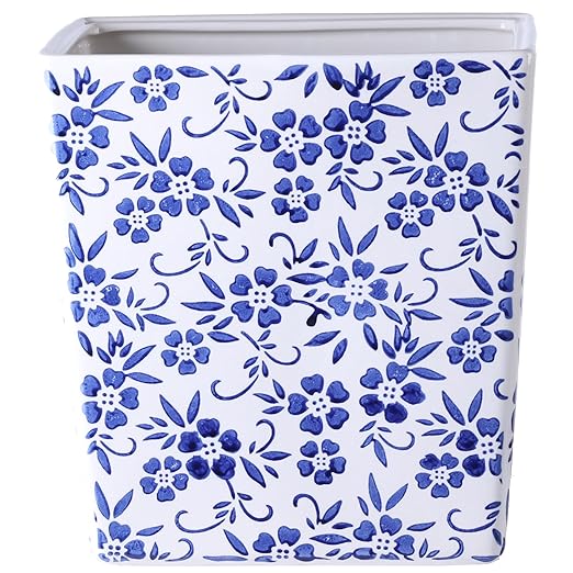 Blue and White Floral Ceramic Trash Can – 2.5 Gallon Small Bathroom &amp Kitchen Garbage Bin Decorative Waste Basket for Bedroom Office Hotel – Elegant Floral Design Heavy Duty (9 Liter Gift Ide