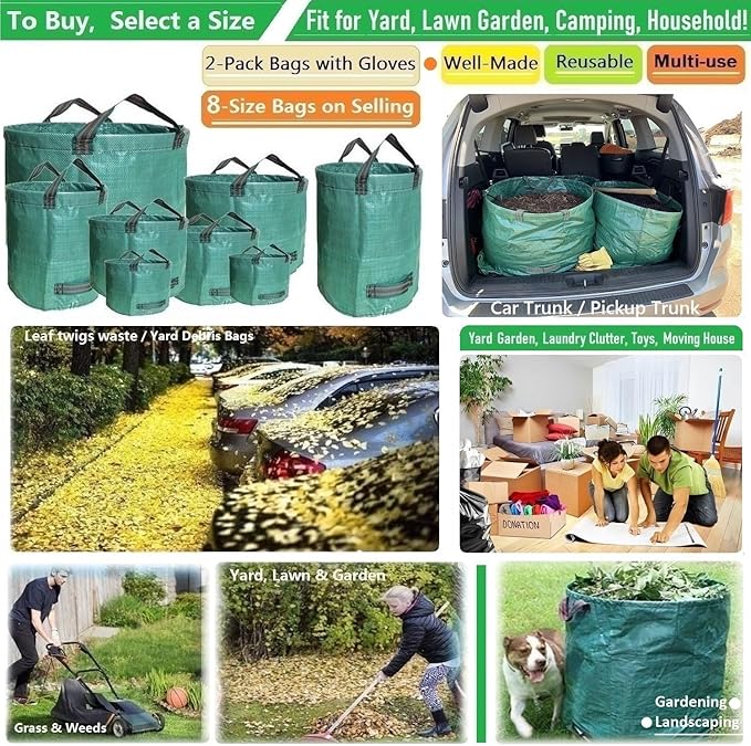 Standard 2-Pack 46 Gallon Lawn Garden Bags (D26H19 in) Yard Waste Bags W/Gardening Gloves for Leaf BagYard DebrisTrash ContainerRecycling BinCamping Waste BinGrass ClippingsWeeds Bag 4 Handles