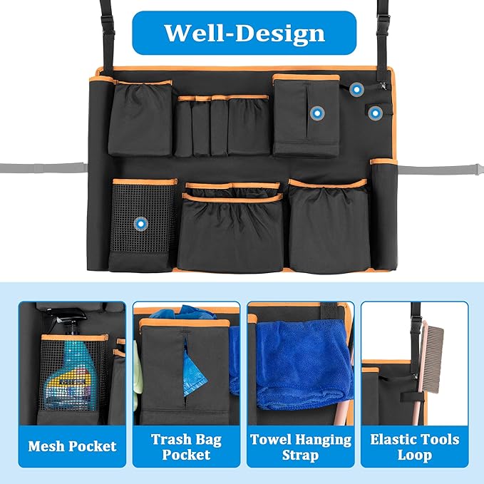 Trash Can Caddy Bag Fit 32-55 Gallon Garbage Bin Cleaning Caddy Bag with Adjustable Buckle for Industrial Trash Can 13 Pockets Cleaning Tool Organizer for Cleaning Supplies Orange Edge