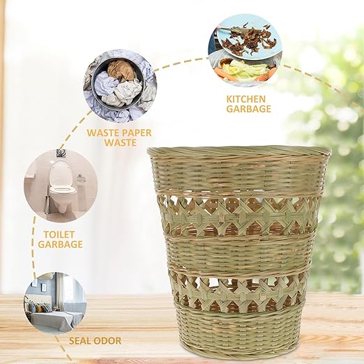 Rustic Style Woven Trash Can Hand-Woven Wastebasket Natural Rubbish Basket for Bathroom Kitchen Home Storage