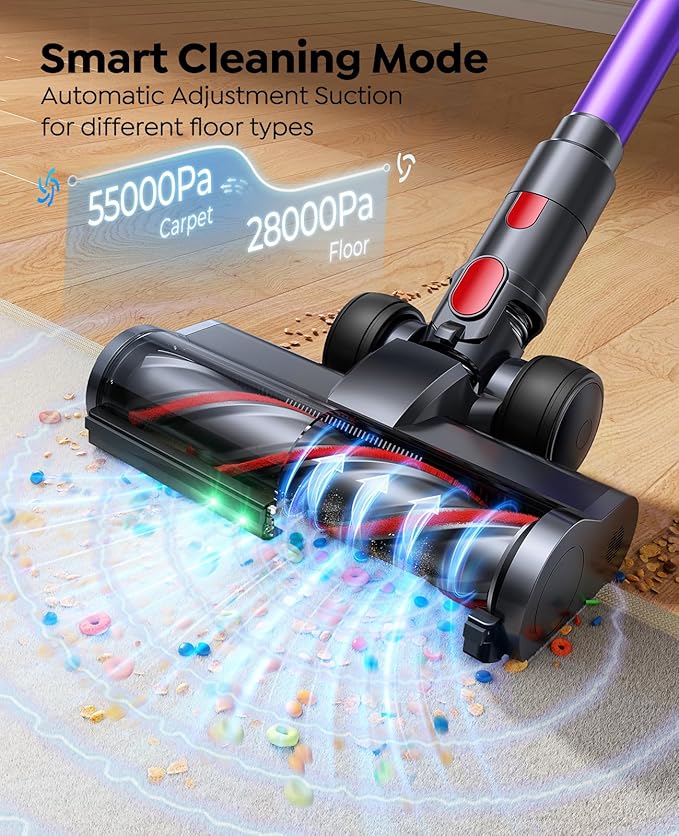 Cordless Vacuum Cleaner 55KPa 650W 70Mins Stick Vacuum Cleaners for Home with Pet Brush 3.3Ft Hose Wall Mount Charging Auto Mode Touchscreen Self-Standing Vacuum for Pet Hair/Carpet/Car Ultra10