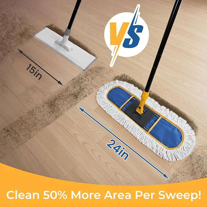 24 Dust Mop for Floor Cleaning Large Areas Dry &amp Wet Mop with 2 Washable Cotton Pads Efficiently Picks Up Pet Hair &amp Dust for Hardwood Tile Laminate Patio