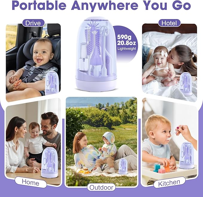 Electric Bottle Brush CleanerElectric Baby Bottle Brush Cleaner with Silicone Nipple&ampStraw BrushSoap DispenserDrying Rack-WaterproofLong Battery LifeTravel Bottle Cleaner Kit for Babies