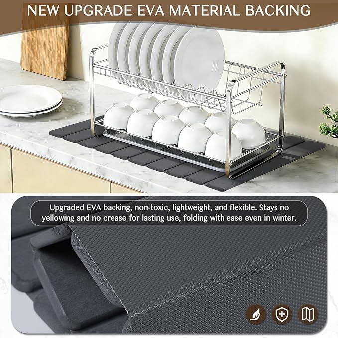 Large Stone Dish Drying Mat for Kitchen Counter Thin &amp Light Quick Dry Stone Dishes Mat Foldable Water Absorbing Diatomite Drying Pad for Kitchen Bathroom Sink Countertop (Pure Gray 24×16 &amp