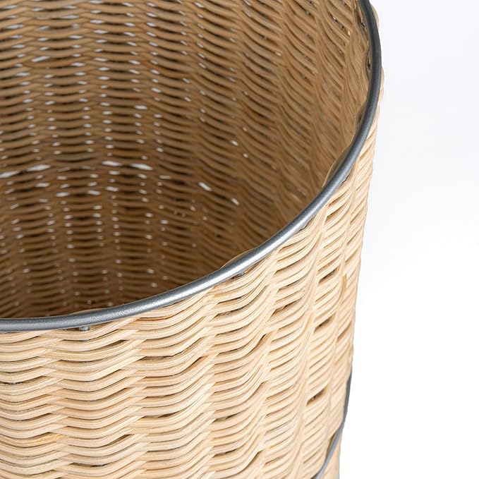 happimess HPM1100B Cecil Modern 4.13-Gallon Natural Wicker Cylinder Waste Basket Natural/Silver for Home Bathroom Living Room Office Bedroom Kitchen