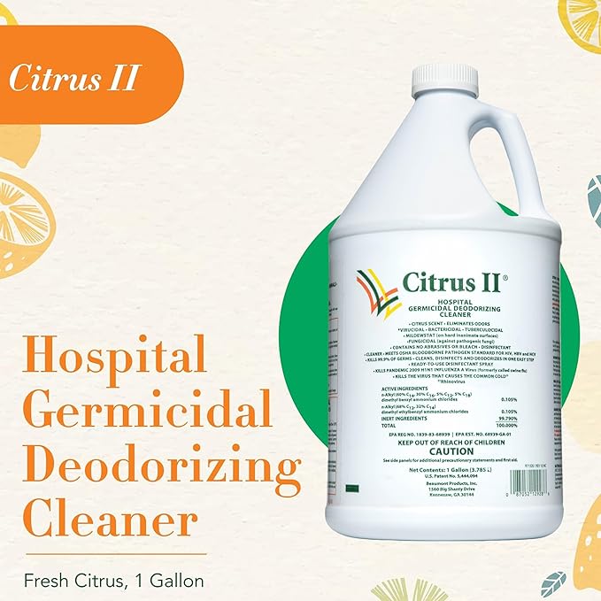 Citrus II Hospital Germicidal Deodorizing Cleaner - Fresh Citrus Scent - 1 Gallon - Refill - Disinfecting Cleaner for Home Hospital and Office Areas