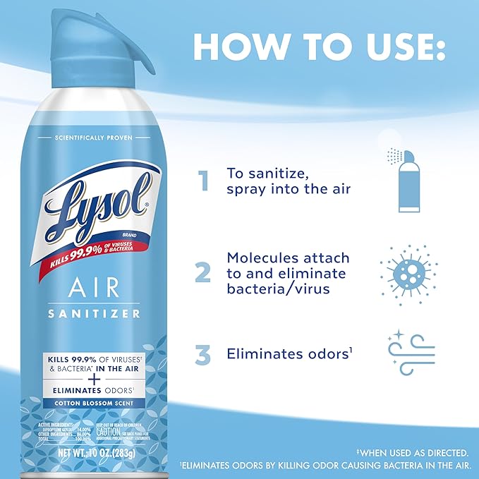Lysol Air Sanitizer Spray with Bacterial Odor Eliminator for Home &amp Office Sanitizing Air Spray Air Freshener Alternative Cotton Blossom Scent 10 oz (Pack of 3)