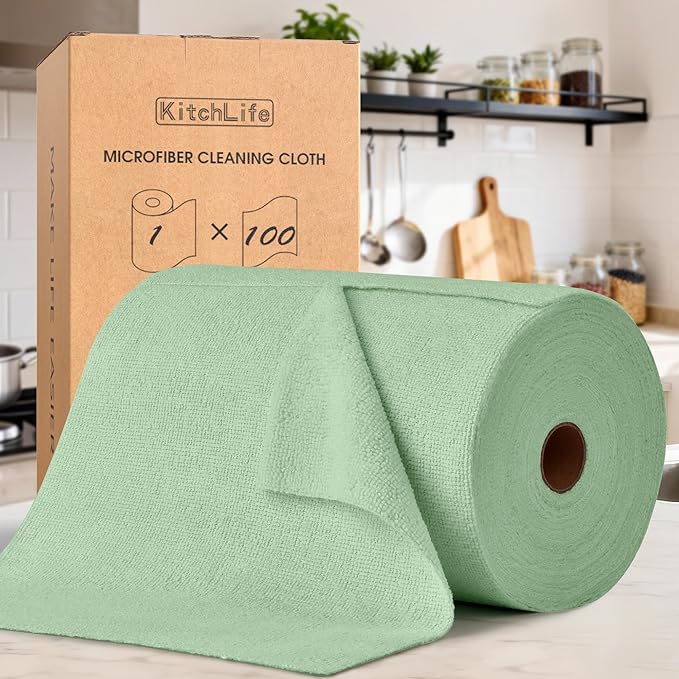 KitchLife Microfiber Cleaning Cloth Roll 100 Pack - Tear-Away Microfiber Paper Towels Lint-Free Reusable Washable for Kitchen Car Dishes and Sensitive Surfaces (Bean Green)