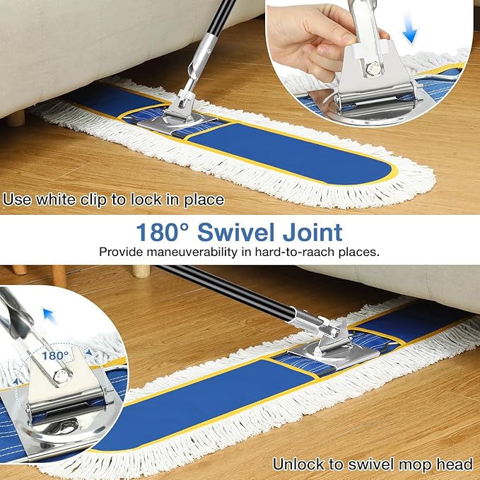 48 Commercial Industrial Dust Mop for Floor Cleaning Large Floor Dust Broom with Washable Mops Pads Wet Dry Duster Mops for Hardwood FloorsMarble Laminate Tile Concrete GarageBlue