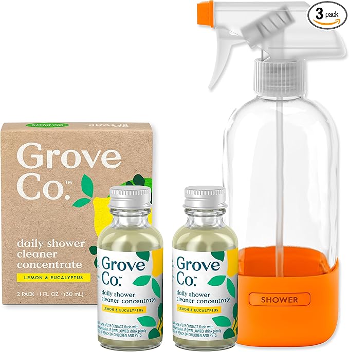 Grove Co. Daily Shower Cleaner Refill Concentrate (2 x 1 Fl Oz) + 1 x Reusable Glass Spray Bottle (16 Oz) Plant-Based Cleaning Supplies Reduced Plastic Lemon &amp Eucalyptus Fragrance