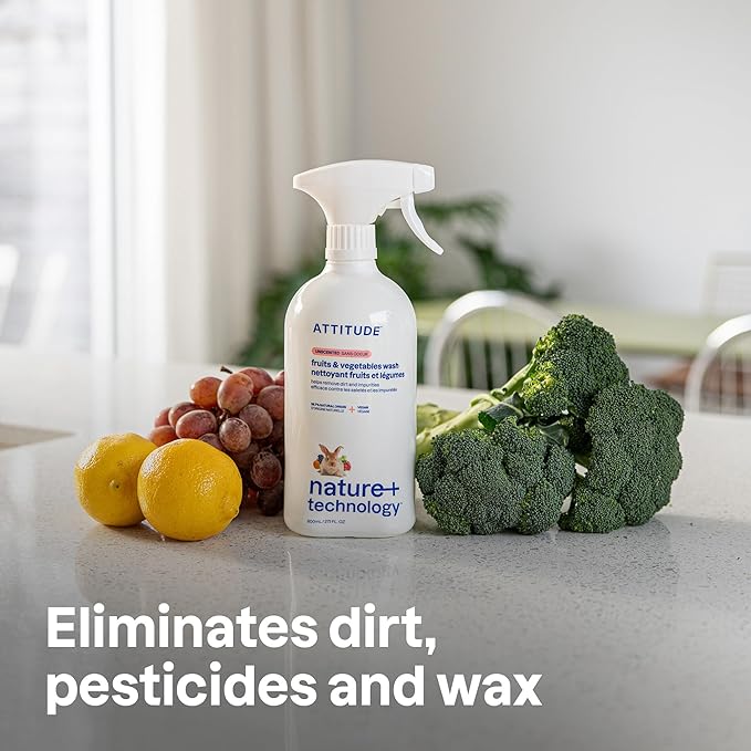 ATTITUDE Fruit &amp Vegetable Wash Unscented Food-Safe Produce Wash to Remove Dirt Wax &amp Residue Vegan Plant-Based Produce Cleaner 27.1 Fl Oz (Pack of 3)