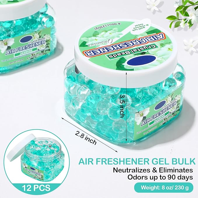 12 Pcs Gel Air Freshener Bulk Odor Gel Eliminator Beads 8 oz Long Lasting Air Freshener Beads Eliminates Odors in Home Bathrooms Cars Boats Rvs and Pet Areas(Jasmine)