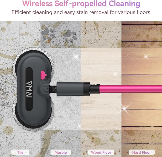 VMAI Cordless Electric Mop for Floor CleaningWater Sprayer Spin Mop with 300ML Water TankLED Lighting and Removable BatteryUp to 60mins Working Time for Hardwood Tile Laminate Marble Floor(Rose)