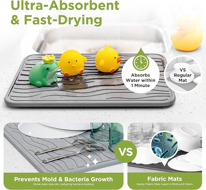 Stone Dish Drying Mat for Kitchen Counter - Super Absorbent Fast Drying Diatomaceous Earth Prevents Water Build-Up Non-Slip &amp Heat Resistant 15.75 X 11.75 Dark Gray