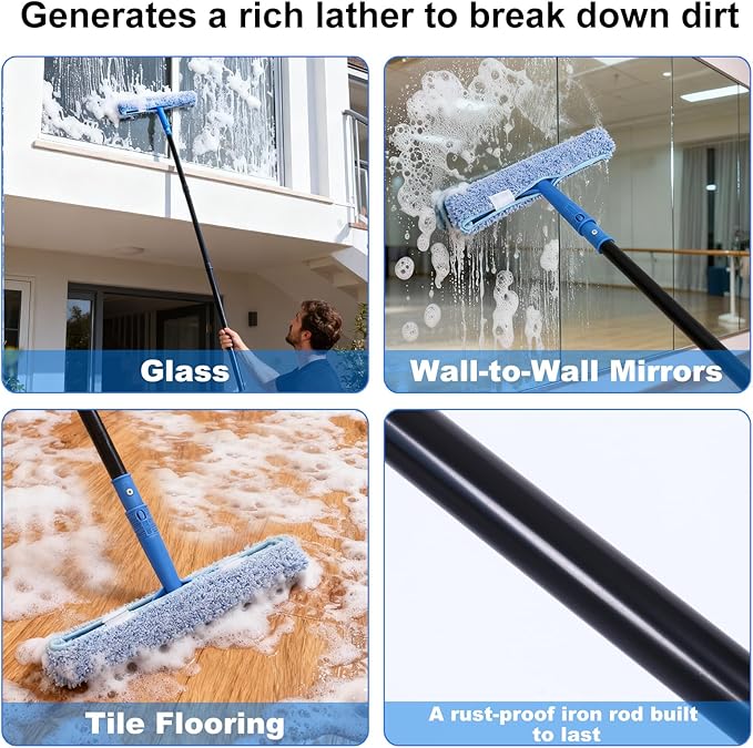 3-in-1 Professional Window Squeegee Kit with 2 Squeegee 2 Microfiber Scrubber 1 Razor Scraper Thick Iron 77.5 Window Squeegee with Extension Pole for Car Glass Mirror Wall Bathroom Home Van