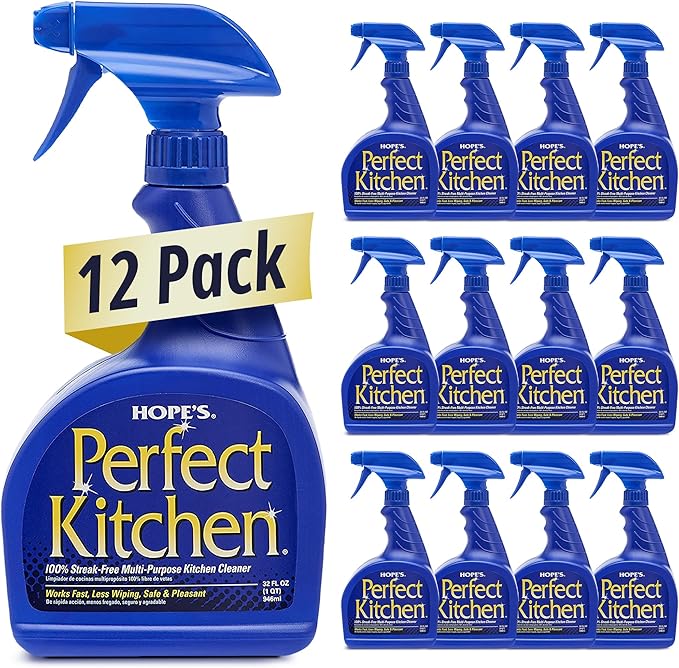 HOPE'S Perfect Kitchen Cleaner Spray - 32 Oz No-Residue All Purpose Cleaning Spray - Multisurface Degreaser for Counters Stoves Microwaves and More - Pet and Home Safe - Pack of 12