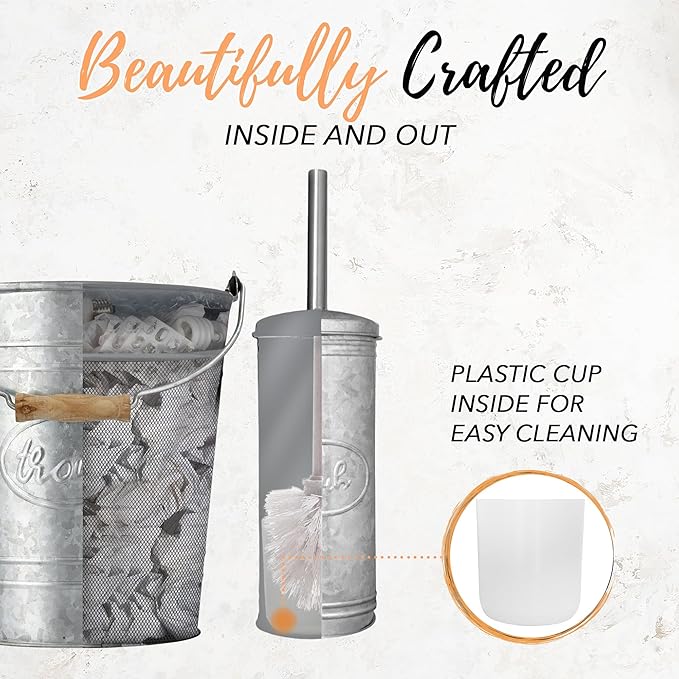 Autumn Alley Rustic Farmhouse Bathroom Trash Can and Toilet Brush Set - Rustic Bathroom Accessories for Charming Galvanized Bathroom Décor Galvanized Grey 2 Gal. Capacity