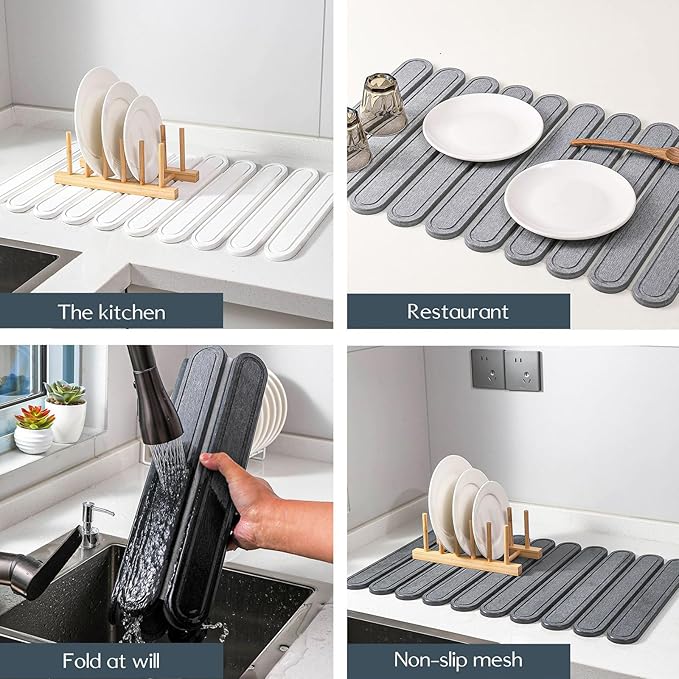 Stone Dish Drying Mat for Kitchen Counter Large Foldable Countertop Mat Quick-Dry Non-Slip Diatomaceous Absorbent Pad for Dishes Dinnerware Glassware &amp Cookware (Dark Grey 24(L)×16(W))