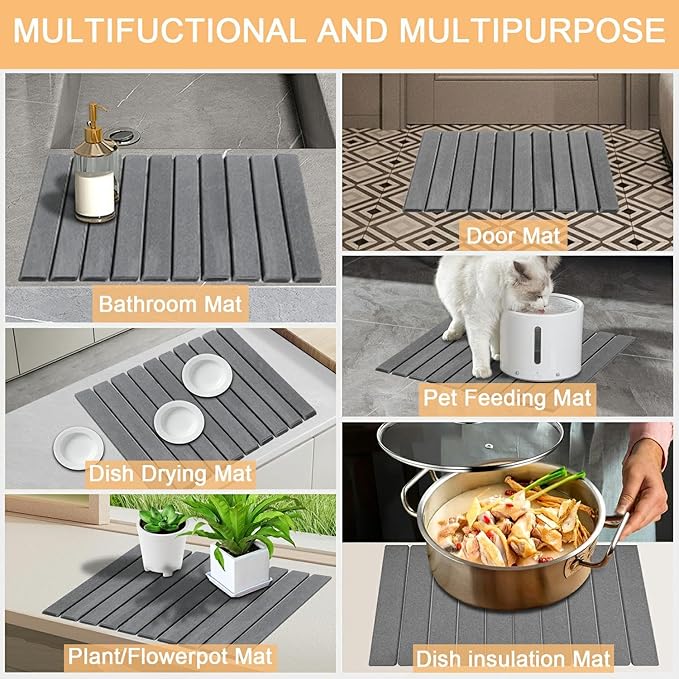 Large Stone Dish Drying Mat for Kitchen Counter with 3 Sanding block and Towel 24×16 Quick Drying Diatomaceous EarthSuper Absorbent Anti Slip MatBirthday Gfts for Women Mom Grandma Dark Gray