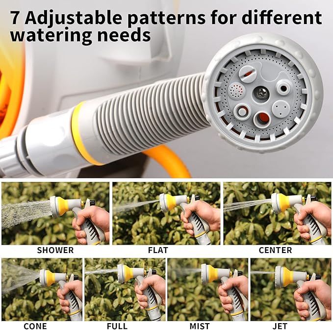 Garden Retractable Hose Reel Portable Simple Home Hose Reel 45+5 FT with 7 Patterns Spray Nozzle Wall Mounted and Any Length Lock for Garden Watering Car Washing Pet (Orange)