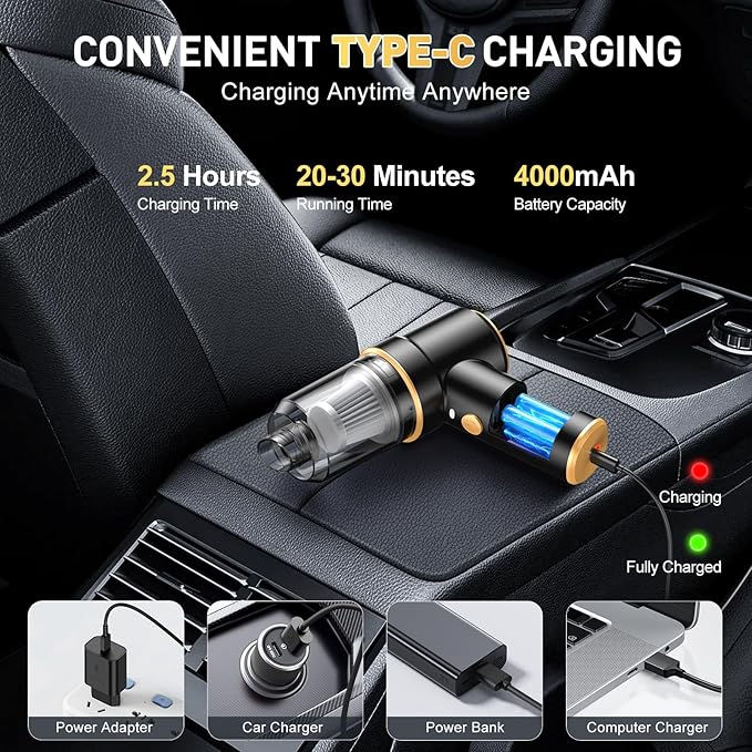 KMM Handheld Car Vacuum Cleaner 9000PA Vacuum Cleaner &amp Air Duster 120W High Power Vacuum Portable Cordless Hand Held Vacuum Rechargeable with Multi-Nozzles &amp LED Light for Home Car Offic