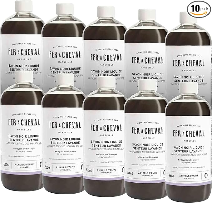 Fer à Cheval Liquid Black Soap Lavender Scent – 10 Pack 500 ml/16.9 fl oz Bottles | Natural French Multi-Surface Cleaner with Olive Oil | Aromatic All-Purpose Household Soap