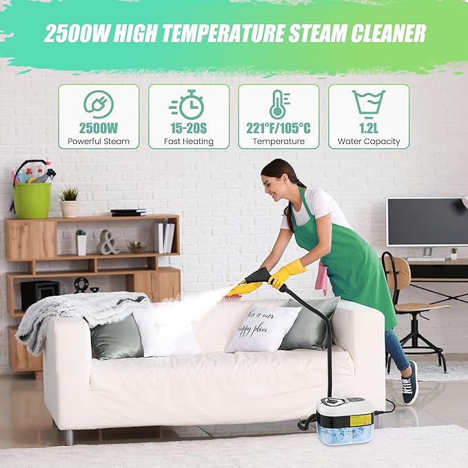 2500W Steam Cleaner for Home &amp Car 15s Heat-Up Handheld Steamer for Cleaning 1.2L Portable High Steam Cleaners 6-Level Steam Control with 14 pcs Accessories Kit for Car Floors Couches Grout